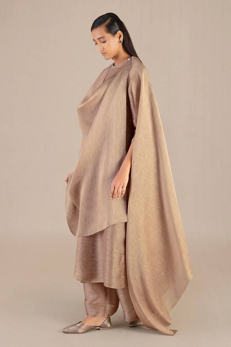 Ampm_Brown Linen, Silk Round Neck Adiva Solid A-line Kurta Set_Online_at_Aza_Fashions