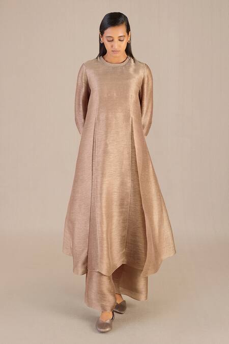 Buy_Ampm_Brown Linen, Silk Round Neck Adiva Solid A-line Kurta Set_Online_at_Aza_Fashions