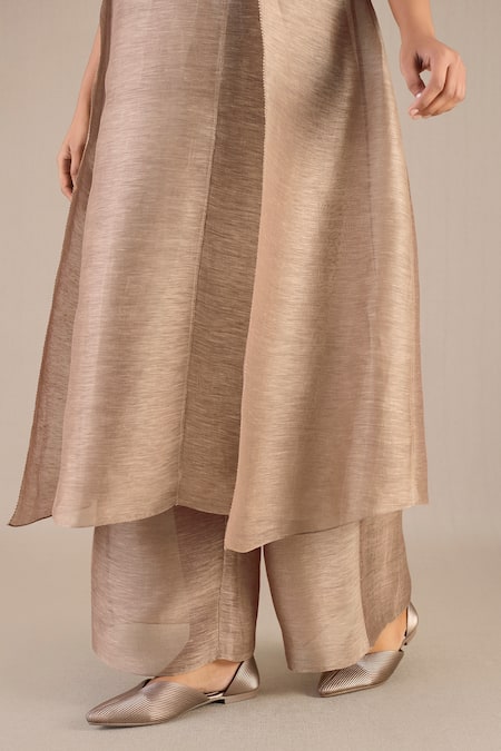 Shop_Ampm_Brown Linen, Silk Round Neck Adiva Solid A-line Kurta Set_Online_at_Aza_Fashions