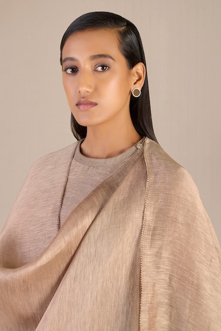 Ampm_Brown Linen, Silk Round Neck Adiva Solid A-line Kurta Set_at_Aza_Fashions