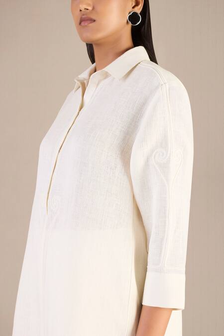 Ampm_Ivory Linen Embroidery Collared Cord Work Kurta And Pant Set_Online_at_Aza_Fashions
