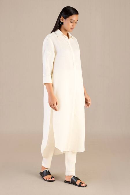 Shop_Ampm_Ivory Linen Embroidery Collared Cord Work Kurta And Pant Set_Online_at_Aza_Fashions