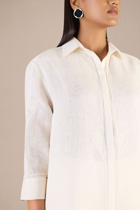 Ampm_Ivory Linen Embroidery Collared Cord Work Kurta And Pant Set_at_Aza_Fashions