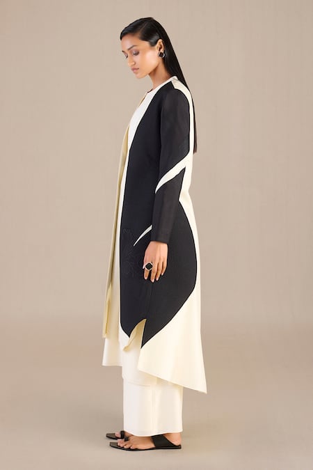 Shop Ampm Black Chanderi Embroidery Round Attara Colorblock Printed Cape Palazzo Set Shop_Ampm_Black Chanderi Embroidery Round Attara Colorblock Printed Cape Palazzo Set