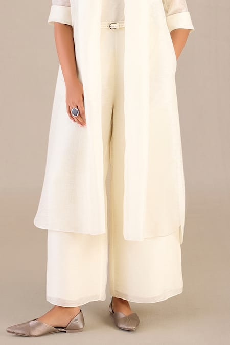 Buy_AMPM_Ivory Linen Slub Silk Plain Cape Open Palazzo Set _Online_at_Aza_Fashions