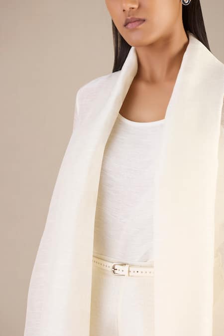Shop_AMPM_Ivory Linen Slub Silk Plain Cape Open Palazzo Set _Online_at_Aza_Fashions