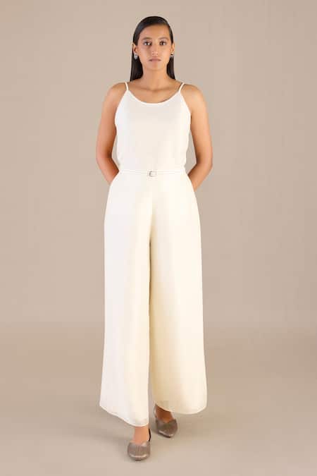 AMPM_Ivory Linen Slub Silk Plain Cape Open Palazzo Set _at_Aza_Fashions
