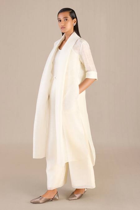 Shop_AMPM_Ivory Linen Slub Silk Plain Cape Open Palazzo Set 