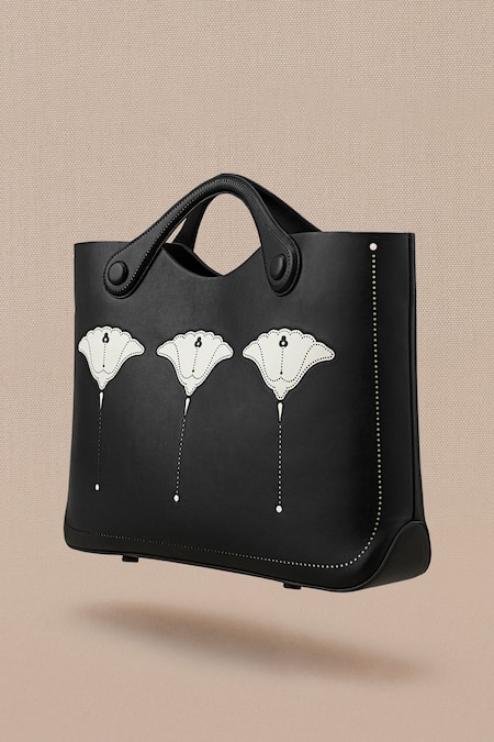 Ampm_Black Embroidery Zora Blossom Tote Bag With Detachable Pouch _Online_at_Aza_Fashions