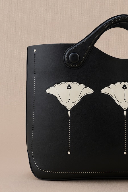 Ampm_Black Embroidery Zora Blossom Tote Bag With Detachable Pouch _at_Aza_Fashions
