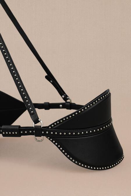 Ampm_Black Studs Ines Metal Embellished Belt_at_Aza_Fashions