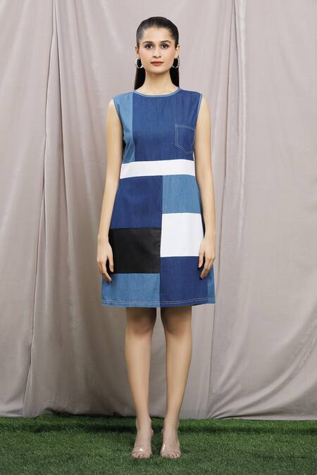 Khwaab By Sanjana Lakhani Blue Denim Embroidery Round Neck Sundae Colorblock Dress Online at Aza Fashions Khwaab By Sanjana Lakhani_Blue Denim Embroidery Round Neck Sundae Colorblock Dress_Online_at_Aza_Fashions