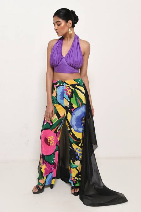 Buy Rimi Nayak Multi Color Modal, Satin, Crepe Halter Neck Printed Trail Pant With Bralette Buy_Rimi Nayak_Multi Color Modal, Satin, Crepe Halter Neck Printed Trail Pant With Bralette