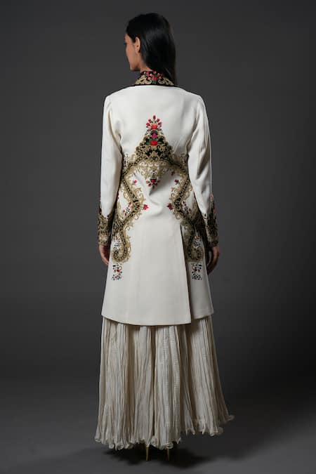 Shop_Rohit Bal_Ivory Silk, Chanderi Silk, Voile Embroidery Resham Work Jacket Pant Set _at_Aza_Fashions