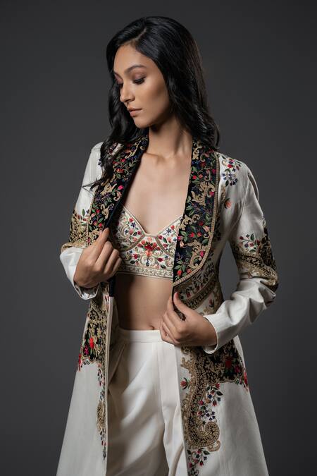 Shop_Rohit Bal_Ivory Silk, Chanderi Silk, Voile Embroidery Resham Work Jacket Pant Set _Online_at_Aza_Fashions