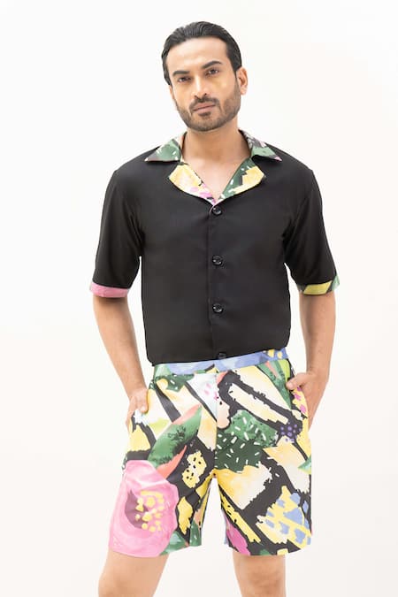 Rimi Nayak_Black Rayon Embroidery Shirt With Floral Print Shorts _Online_at_Aza_Fashions
