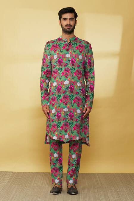 MR. Ajay Kumar Green Linen Printed Floral Kurta And Pant Set Online at Aza Fashions MR. Ajay Kumar_Green Linen Printed Floral Kurta And Pant Set _Online_at_Aza_Fashions