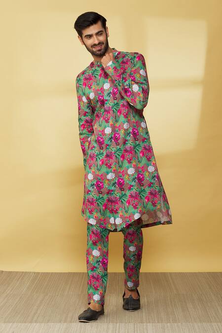 Buy MR. Ajay Kumar Green Linen Printed Floral Kurta And Pant Set Online at Aza Fashions Buy_MR. Ajay Kumar_Green Linen Printed Floral Kurta And Pant Set _Online_at_Aza_Fashions