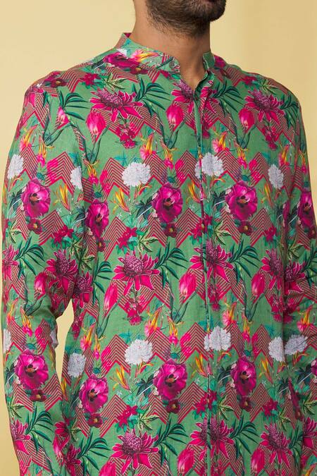 Shop MR. Ajay Kumar Green Linen Printed Floral Kurta And Pant Set Online at Aza Fashions Shop_MR. Ajay Kumar_Green Linen Printed Floral Kurta And Pant Set _Online_at_Aza_Fashions