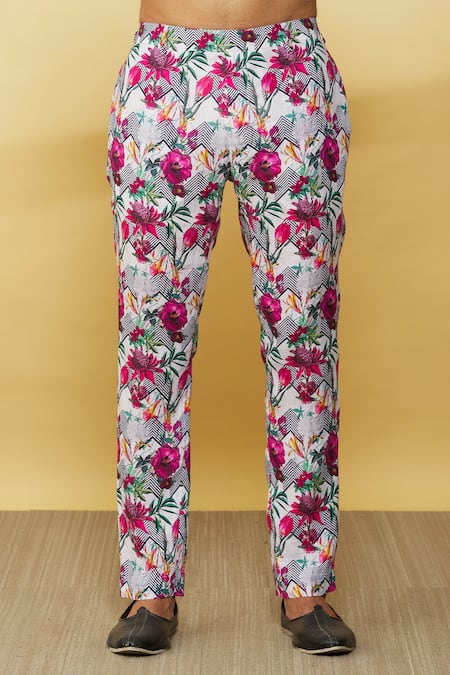 MR. Ajay Kumar White Linen Printed Floral Kurta And Pant Set at Aza Fashions MR. Ajay Kumar_White Linen Printed Floral Kurta And Pant Set _at_Aza_Fashions