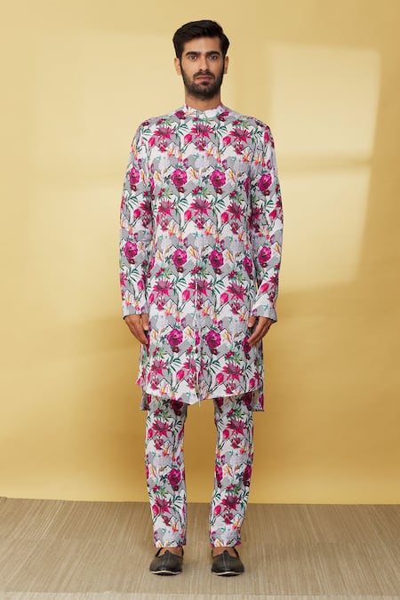 MR. Ajay Kumar White Linen Printed Floral Kurta And Pant Set Online at Aza Fashions MR. Ajay Kumar_White Linen Printed Floral Kurta And Pant Set _Online_at_Aza_Fashions
