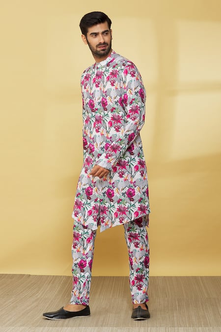 Buy MR. Ajay Kumar White Linen Printed Floral Kurta And Pant Set Online at Aza Fashions Buy_MR. Ajay Kumar_White Linen Printed Floral Kurta And Pant Set _Online_at_Aza_Fashions