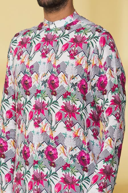 Shop MR. Ajay Kumar White Linen Printed Floral Kurta And Pant Set Online at Aza Fashions Shop_MR. Ajay Kumar_White Linen Printed Floral Kurta And Pant Set _Online_at_Aza_Fashions
