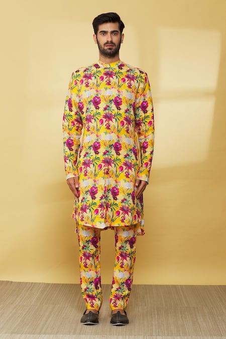 MR. Ajay Kumar Yellow Linen Printed Floral Patterned Kurta And Pant Set Online at Aza Fashions MR. Ajay Kumar_Yellow Linen Printed Floral Patterned Kurta And Pant Set _Online_at_Aza_Fashions