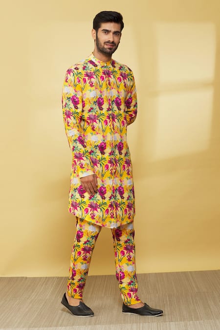 Buy MR. Ajay Kumar Yellow Linen Printed Floral Patterned Kurta And Pant Set Online at Aza Fashions Buy_MR. Ajay Kumar_Yellow Linen Printed Floral Patterned Kurta And Pant Set _Online_at_Aza_Fashions