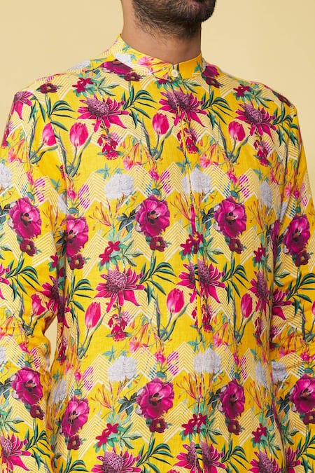 Shop MR. Ajay Kumar Yellow Linen Printed Floral Patterned Kurta And Pant Set Online at Aza Fashions Shop_MR. Ajay Kumar_Yellow Linen Printed Floral Patterned Kurta And Pant Set _Online_at_Aza_Fashions