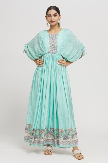 Adara Khan Blue Muslin Cotton Print Quad Sequin Round Embroidered Yoke Cape Sleeves Gown