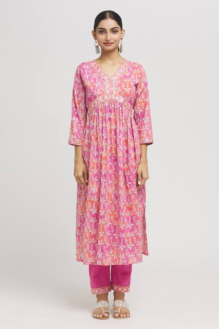 Naintara Bajaj Pink Cotton Embroidery, Mirrors V-neck Florid Print Aliya Cut Kurta Pant Set Online at Aza Fashions Naintara Bajaj_Pink Cotton Embroidery, Mirrors V-neck Florid Print Aliya Cut Kurta Pant Set _Online_at_Aza_Fashions