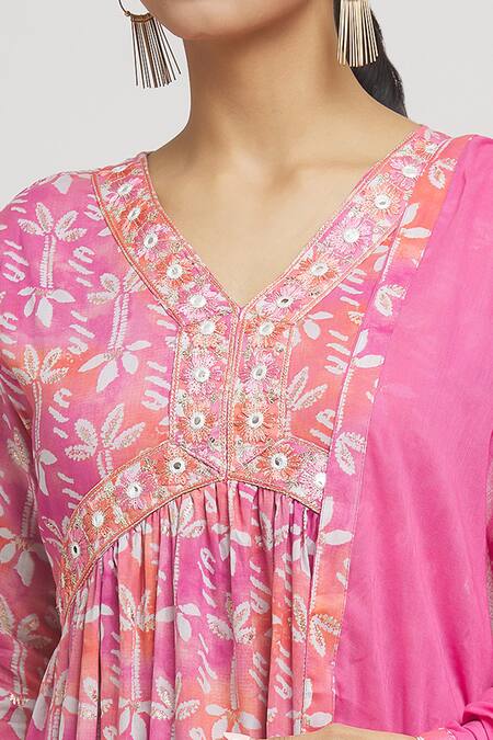 Shop Naintara Bajaj Pink Cotton Embroidery, Mirrors V-neck Florid Print Aliya Cut Kurta Pant Set Online at Aza Fashions Shop_Naintara Bajaj_Pink Cotton Embroidery, Mirrors V-neck Florid Print Aliya Cut Kurta Pant Set _Online_at_Aza_Fashions