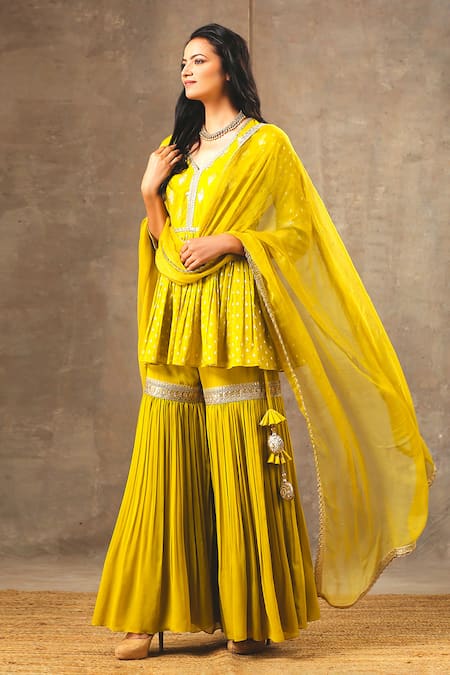 Shop_Bbaawri_Yellow Banarasi Chanderi Woven Tear Drop V Neck Peplum Kurta Sharara Set _at_Aza_Fashions