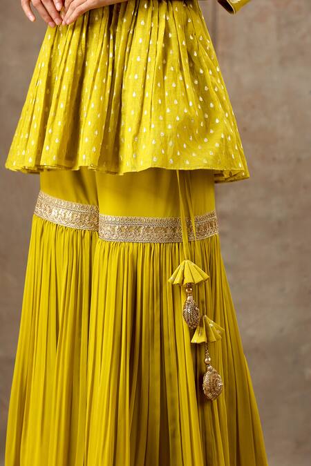 Bbaawri_Yellow Banarasi Chanderi Woven Tear Drop V Neck Peplum Kurta Sharara Set _Online_at_Aza_Fashions