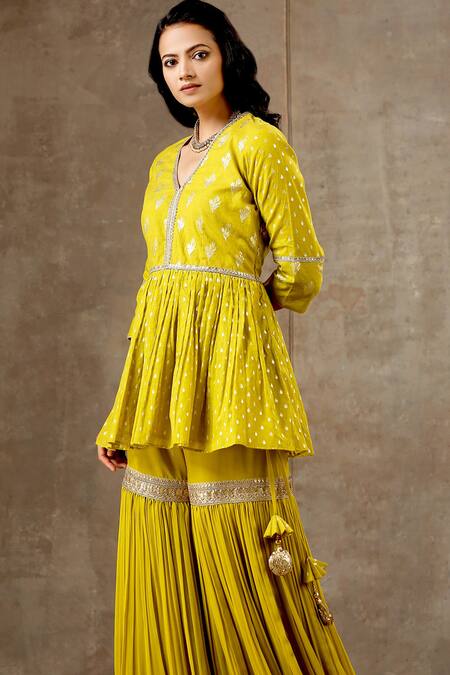 Buy_Bbaawri_Yellow Banarasi Chanderi Woven Tear Drop V Neck Peplum Kurta Sharara Set _Online_at_Aza_Fashions