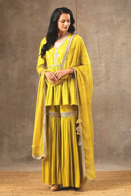 Shop_Bbaawri_Yellow Banarasi Chanderi Woven Tear Drop V Neck Peplum Kurta Sharara Set _Online_at_Aza_Fashions