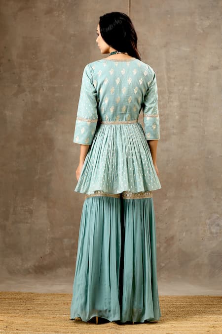 Shop_Bbaawri_Blue Banarasi Chanderi Woven Tear Drop V Neck Florette Peplum Kurta Sharara Set _at_Aza_Fashions