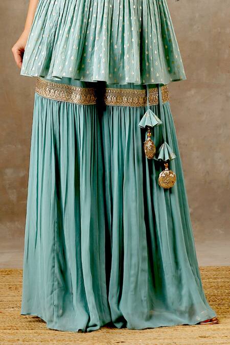 Buy_Bbaawri_Blue Banarasi Chanderi Woven Tear Drop V Neck Florette Peplum Kurta Sharara Set _Online_at_Aza_Fashions