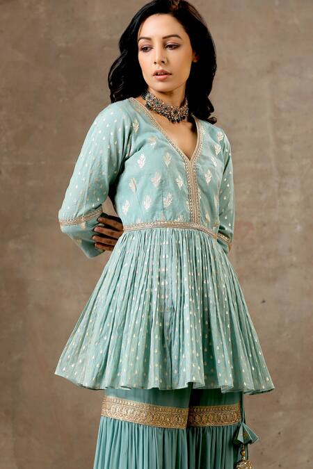 Shop_Bbaawri_Blue Banarasi Chanderi Woven Tear Drop V Neck Florette Peplum Kurta Sharara Set _Online_at_Aza_Fashions