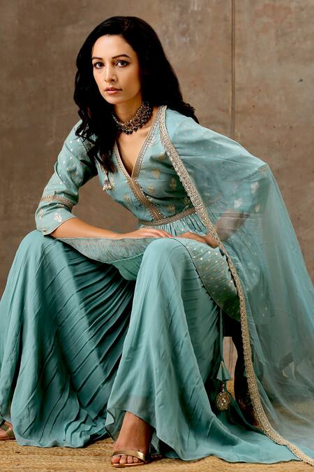 Buy_Bbaawri_Blue Banarasi Chanderi Woven Tear Drop V Neck Florette Peplum Kurta Sharara Set 