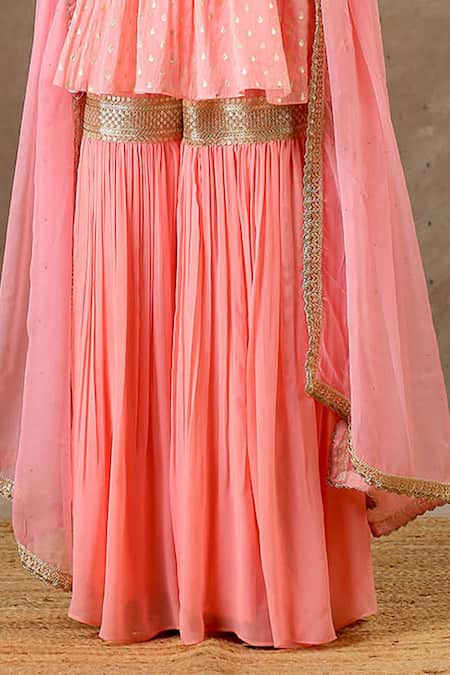 Buy Bbaawri Peach Banarasi Chanderi Woven Tear Drop V Floral Peplum Kurta And Sharara Set Online at Aza Fashions Buy_Bbaawri_Peach Banarasi Chanderi Woven Tear Drop V Floral Peplum Kurta And Sharara Set _Online_at_Aza_Fashions