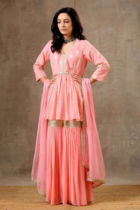 Shop_Bbaawri_Peach Banarasi Chanderi Woven Tear Drop V Floral Peplum Kurta And Sharara Set _Online_at_Aza_Fashions