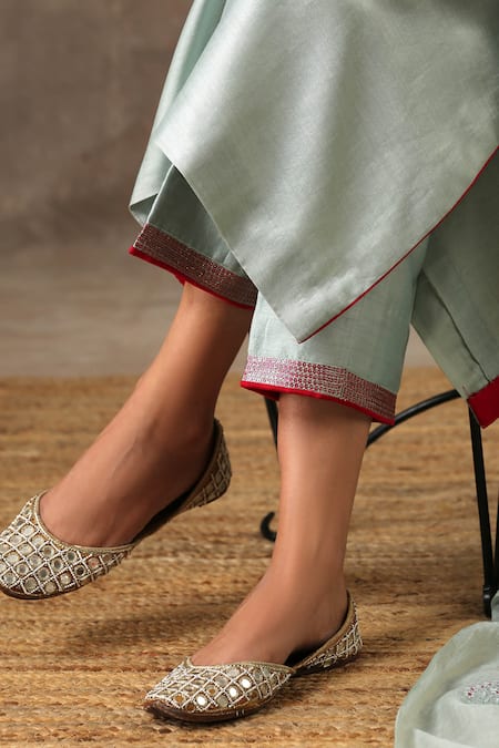 Shop_Bbaawri_Green Chanderi Silk Embroidery, Sequins Collared Handloom Kurta Set _Online_at_Aza_Fashions