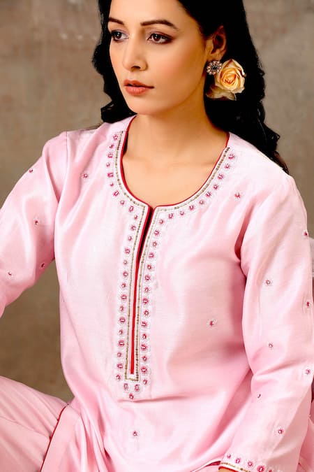 Buy Pink Handloom Chanderi And Raw Silk Embroidery Floral Notched