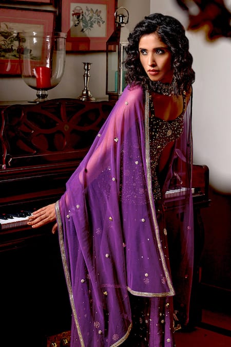 Shop Bbaawri Purple Tulle, Silk Beads, Cut Work, Sequins Sweetheart Kurta Flared Pant Set Online at Aza Fashions Shop_Bbaawri_Purple Tulle, Silk Beads, Cut Work, Sequins Sweetheart Kurta Flared Pant Set _Online_at_Aza_Fashions