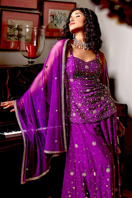 Bbaawri Purple Tulle, Silk Beads, Cut Work, Sequins Sweetheart Kurta Flared Pant Set at Aza Fashions Bbaawri_Purple Tulle, Silk Beads, Cut Work, Sequins Sweetheart Kurta Flared Pant Set _at_Aza_Fashions