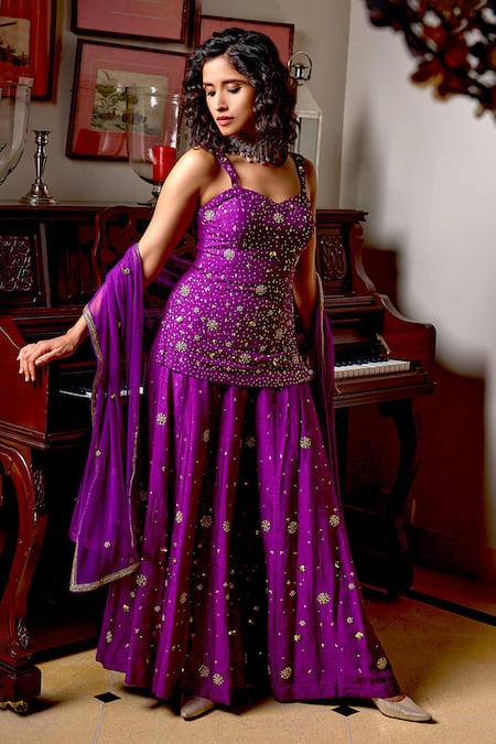 Shop Bbaawri Purple Tulle, Silk Beads, Cut Work, Sequins Sweetheart Kurta Flared Pant Set Shop_Bbaawri_Purple Tulle, Silk Beads, Cut Work, Sequins Sweetheart Kurta Flared Pant Set
