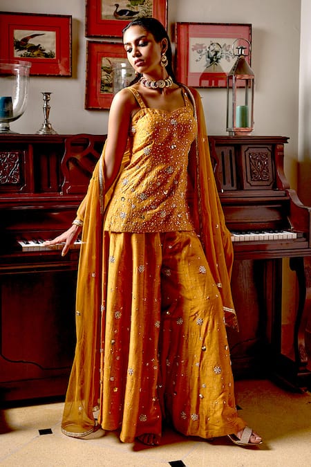 Shop Bbaawri Gold Pure Dupion Silk Embroidery Bead Sequin Work Kurta Flared Pant Set at Aza Fashions Shop_Bbaawri_Gold Pure Dupion Silk Embroidery Bead Sequin Work Kurta Flared Pant Set _at_Aza_Fashions
