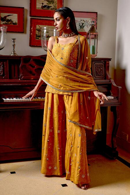 Bbaawri Gold Pure Dupion Silk Embroidery Bead Sequin Work Kurta Flared Pant Set Online at Aza Fashions Bbaawri_Gold Pure Dupion Silk Embroidery Bead Sequin Work Kurta Flared Pant Set _Online_at_Aza_Fashions
